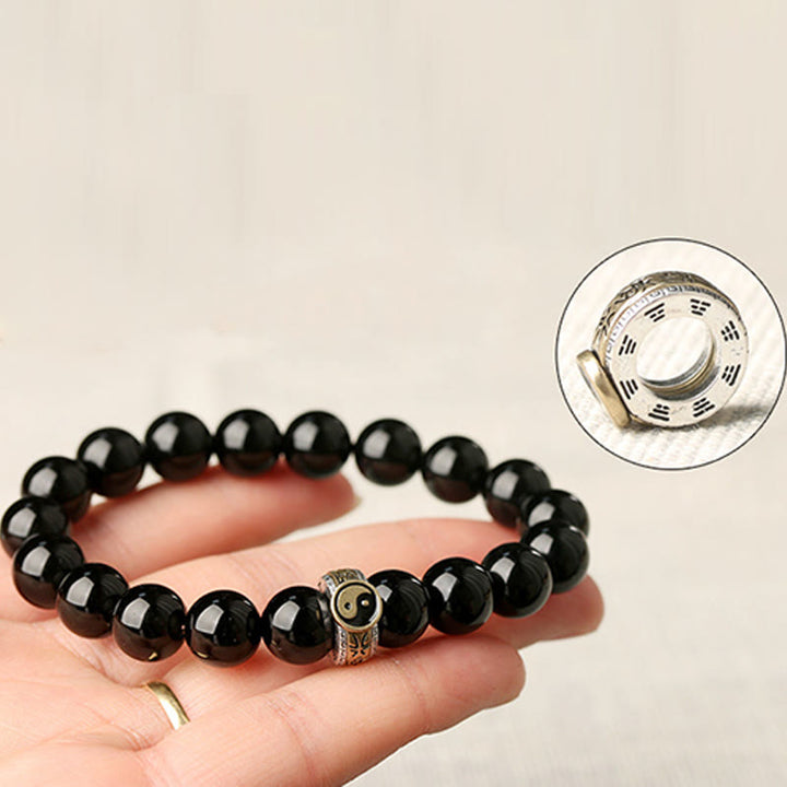 Buddha Stones Schwarzer Obsidian Yin Yang Neun-Zeichen-Mantra Erfüllungsarmband