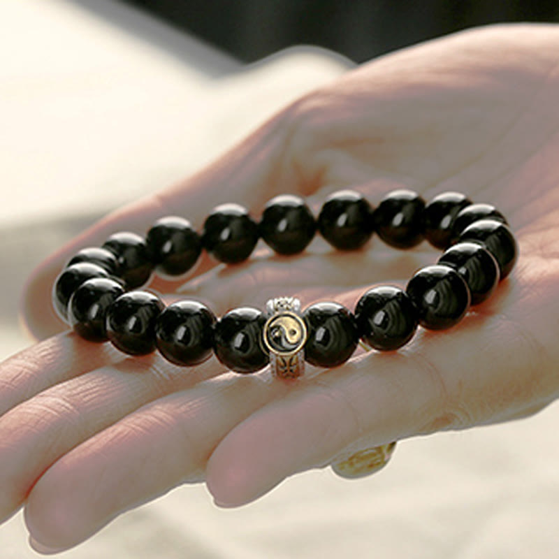 Buddha Stones Schwarzer Obsidian Yin Yang Neun-Zeichen-Mantra Erfüllungsarmband