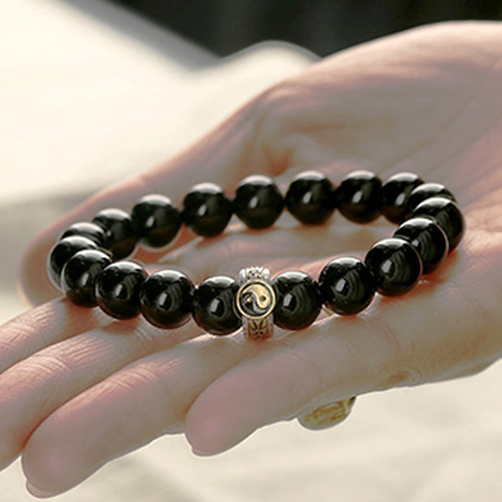 Buddha Stones Schwarzer Obsidian Yin Yang Neun-Zeichen-Mantra Erfüllungsarmband