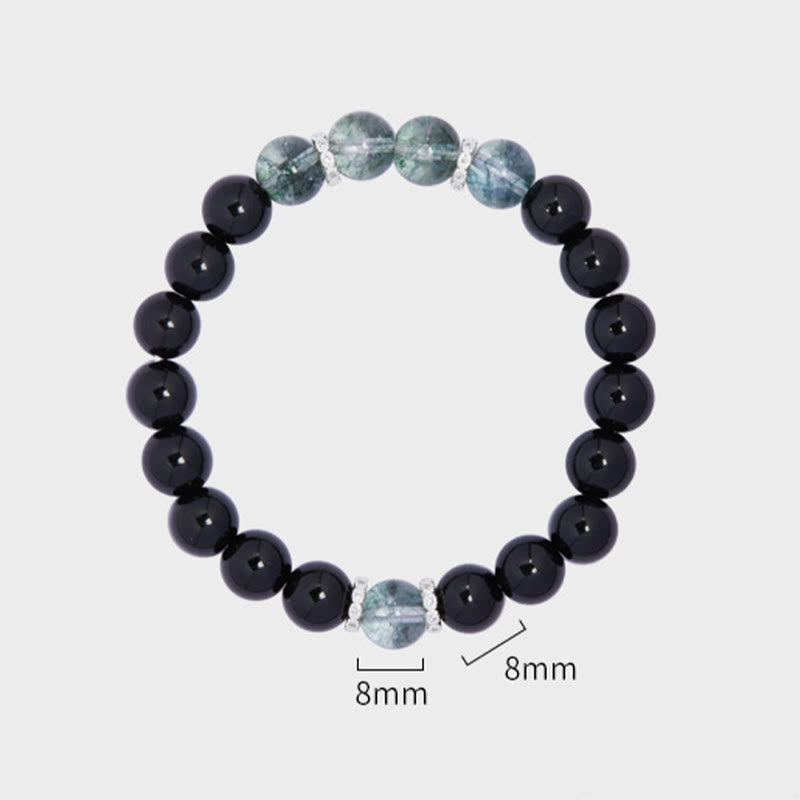 Buddha Stones Armband aus 925er Sterlingsilber, schwarzer Obsidian, grünes Phantom, Stärke