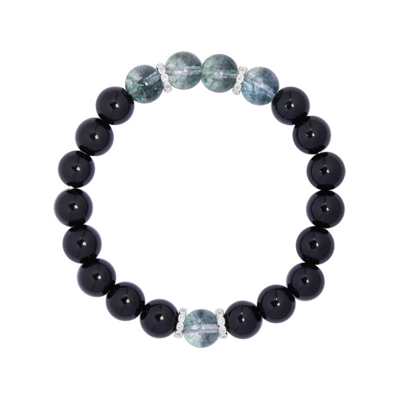 Buddha Stones Armband aus 925er Sterlingsilber, schwarzer Obsidian, grünes Phantom, Stärke