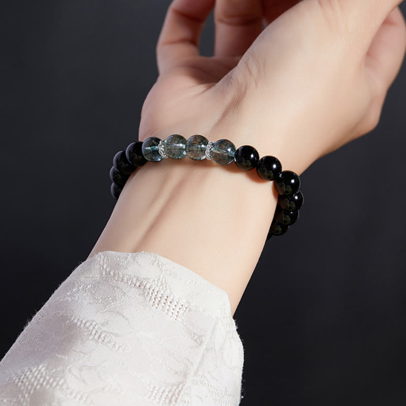 Buddha Stones Armband aus 925er Sterlingsilber, schwarzer Obsidian, grünes Phantom, Stärke