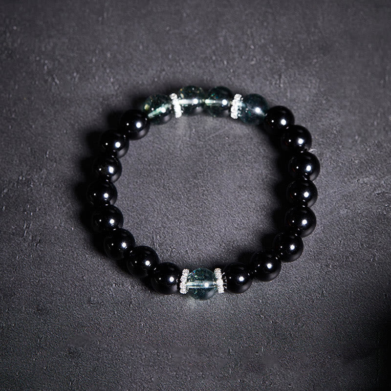 Buddha Stones Armband aus 925er Sterlingsilber, schwarzer Obsidian, grünes Phantom, Stärke