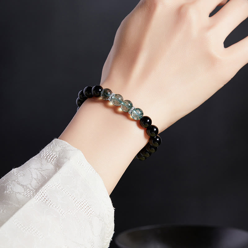 Buddha Stones Armband aus 925er Sterlingsilber, schwarzer Obsidian, grünes Phantom, Stärke