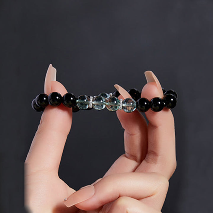 Buddha Stones Armband aus 925er Sterlingsilber, schwarzer Obsidian, grünes Phantom, Stärke