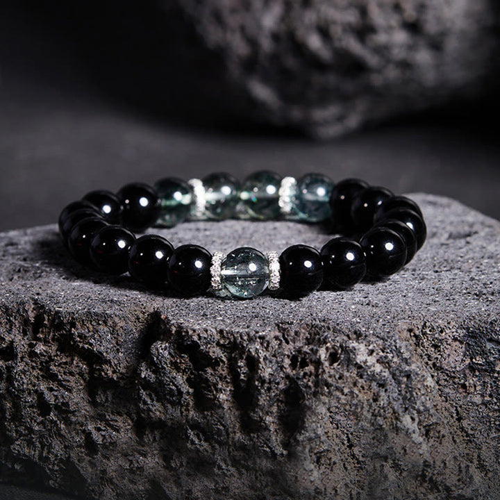 Buddha Stones Armband aus 925er Sterlingsilber, schwarzer Obsidian, grünes Phantom, Stärke