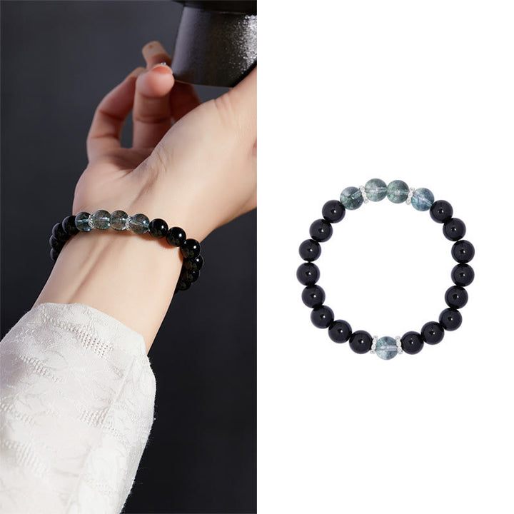 Buddha Stones Armband aus 925er Sterlingsilber, schwarzer Obsidian, grünes Phantom, Stärke