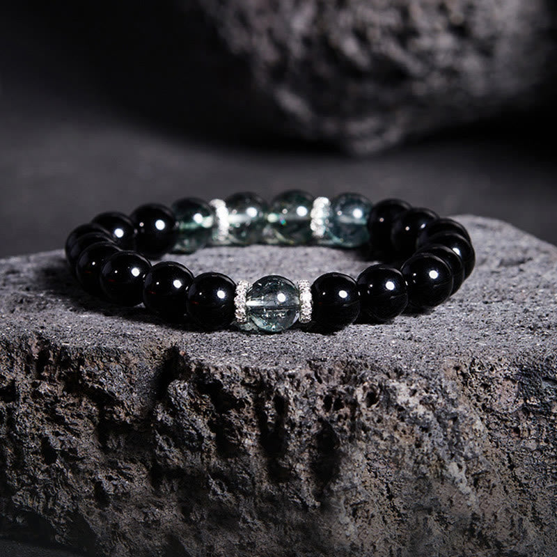 Buddha Stones Armband aus 925er Sterlingsilber, schwarzer Obsidian, grünes Phantom, Stärke - Schwarzer Obsidian (Handgelenkumfang: 14-16 cm) - image 0