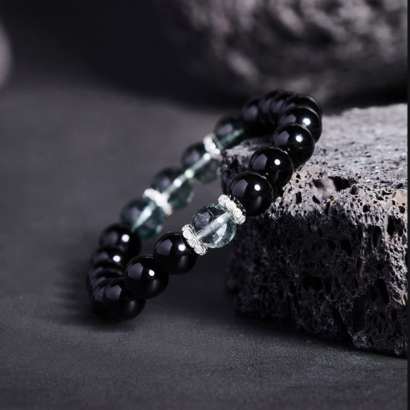 Buddha Stones Armband aus 925er Sterlingsilber, schwarzer Obsidian, grünes Phantom, Stärke