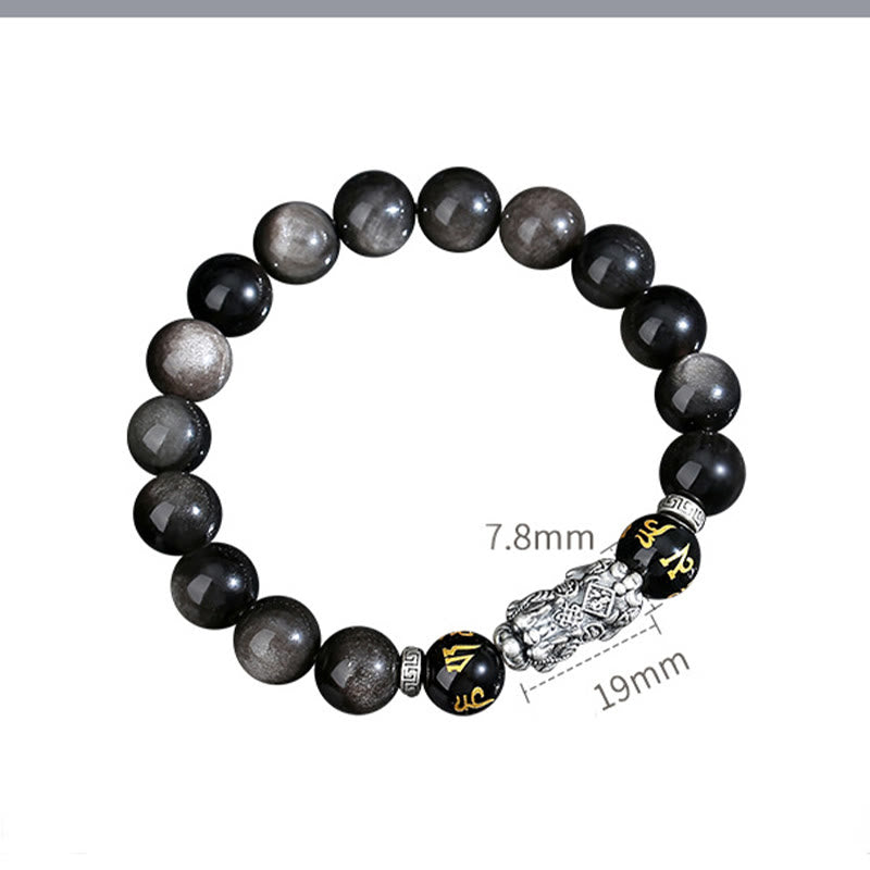 Buddha Stones 999 Sterling Silber PiXiu Natürlicher schwarzer Obsidian Stärkearmband