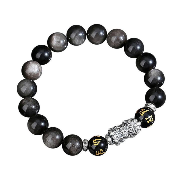Buddha Stones 999 Sterling Silber PiXiu Natürlicher schwarzer Obsidian Stärkearmband