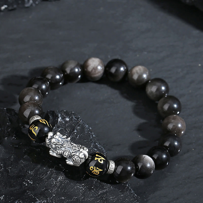 Buddha Stones 999 Sterling Silber PiXiu Natürlicher schwarzer Obsidian Stärkearmband