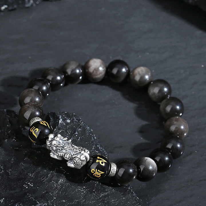 Buddha Stones 999 Sterling Silber PiXiu Natürlicher schwarzer Obsidian Stärkearmband