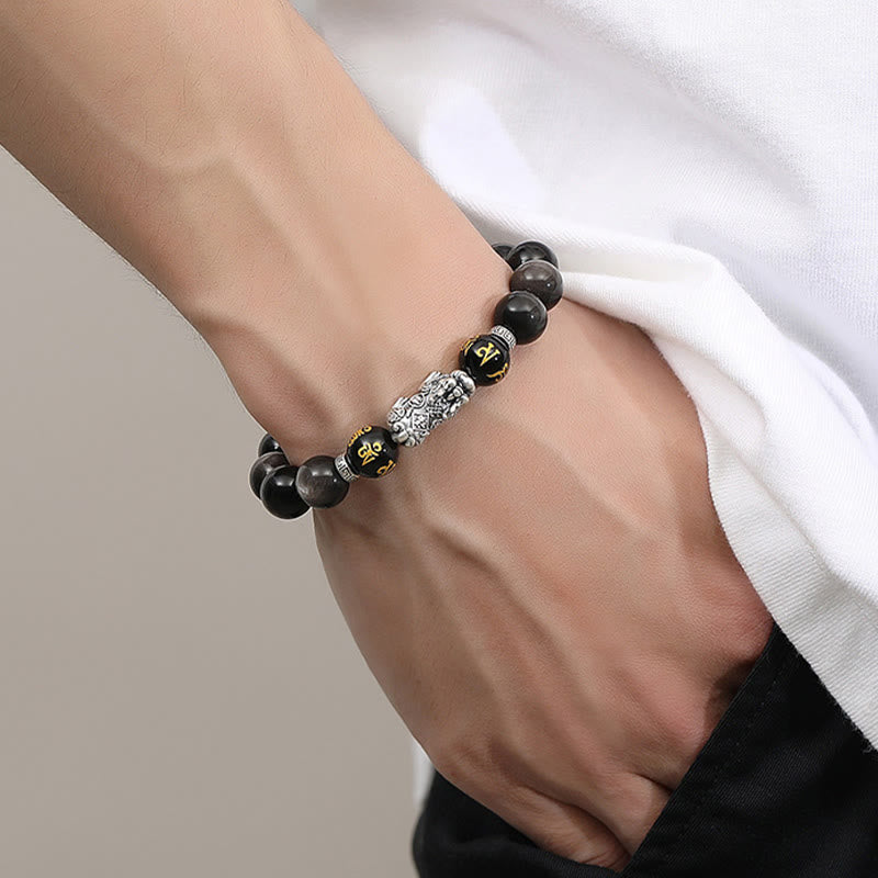 Buddha Stones 999 Sterling Silber PiXiu Natürlicher schwarzer Obsidian Stärkearmband