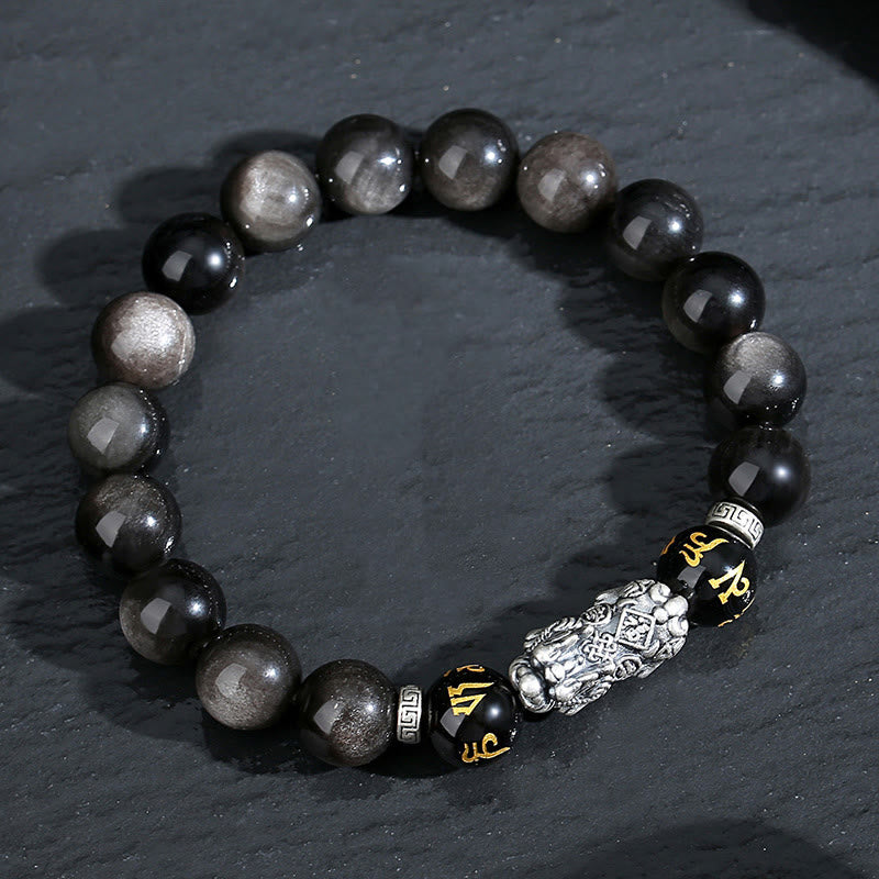 Buddha Stones 999 Sterling Silber PiXiu Natürlicher schwarzer Obsidian Stärkearmband