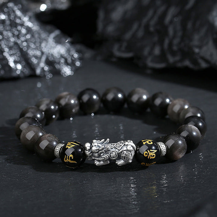 Buddha Stones 999 Sterling Silber PiXiu Natürlicher schwarzer Obsidian Stärkearmband