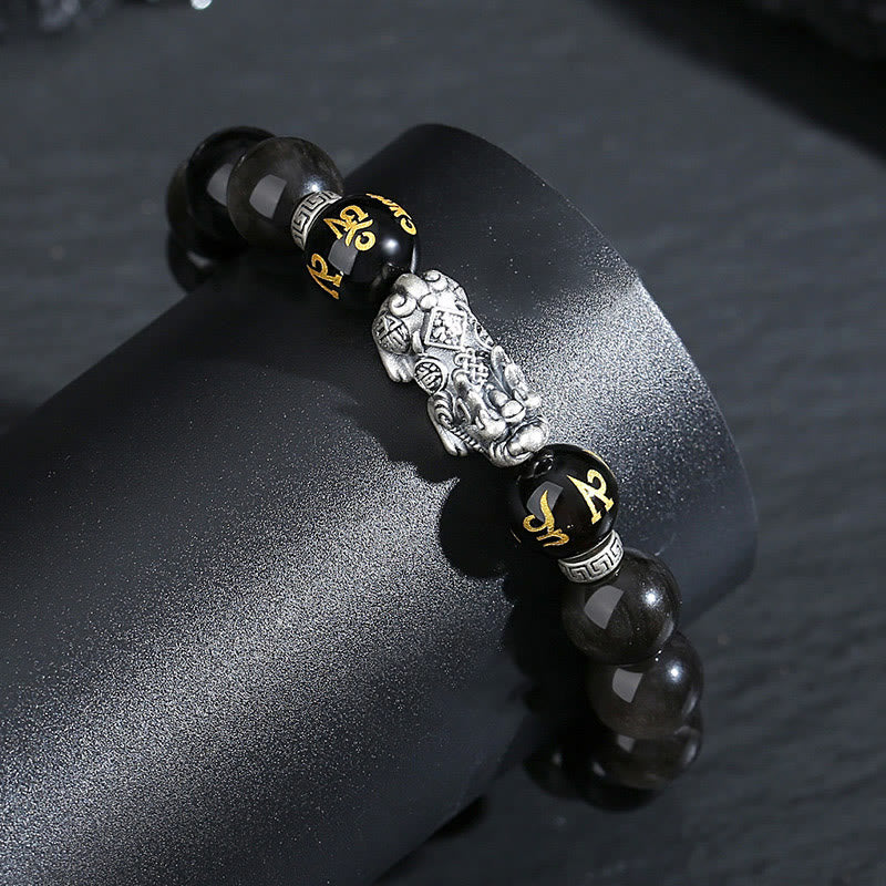 Buddha Stones 999 Sterling Silber PiXiu Natürlicher schwarzer Obsidian Stärkearmband