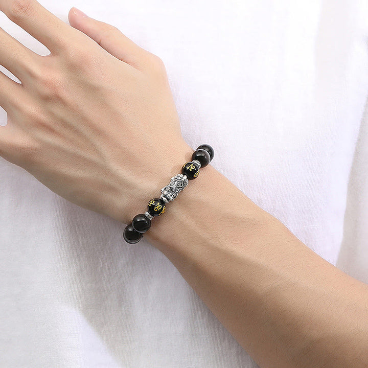 Buddha Stones 999 Sterling Silber PiXiu Natürlicher schwarzer Obsidian Stärkearmband