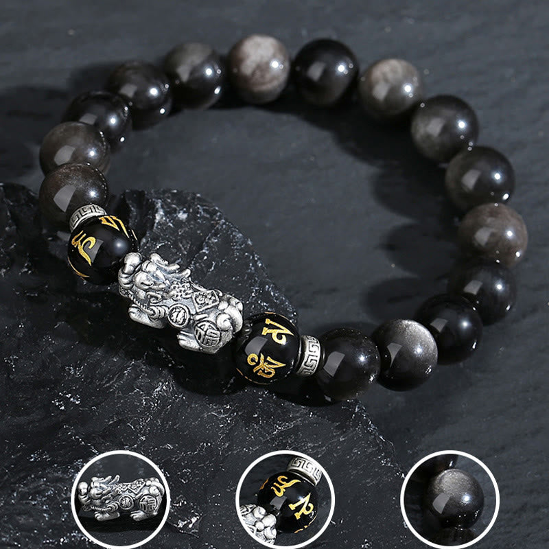 Buddha Stones 999 Sterling Silber PiXiu Natürlicher schwarzer Obsidian Stärkearmband