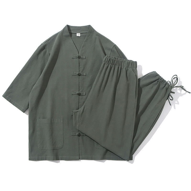 Buddha Stones 2-teiliger Tang-Anzug mit Froschknopf-Design, Hemdhose mit Taschen, Herren-Meditationstuch-Set aus Baumwolle und Leinen