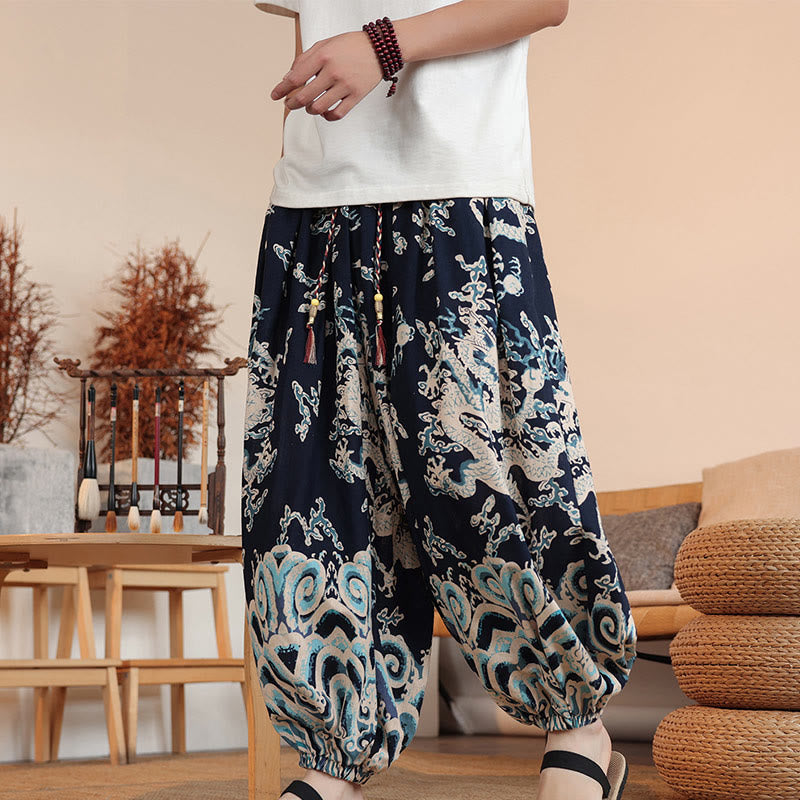 Buddha Stones Dragon Print Herren Haremshose aus Baumwolle in Knöchellänge mit Taschen - Marine - US/ UK/AU46, EU56 (5XL) - image 0