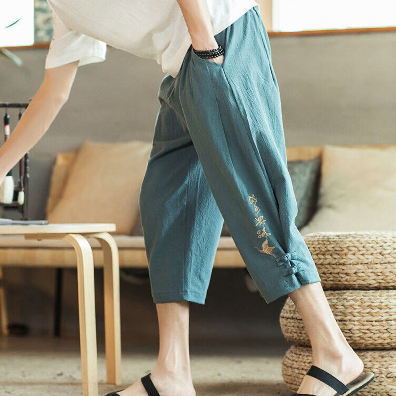 Buddha Stones Kranich Stickerei Baumwolle Herren Kurze Haremshose mit Taschen - Kadettenblau - US/ UK/AU46, EU56 (5XL) - image 0