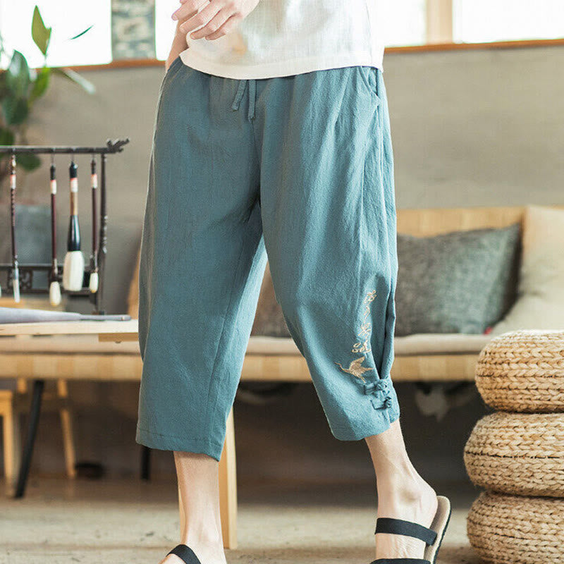 Buddha Stones Kranich Stickerei Baumwolle Herren Kurze Haremshose mit Taschen - image 1