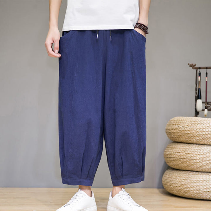 Buddha Stones Simple Cotton Herren Capri-Haremshose mit Taschen