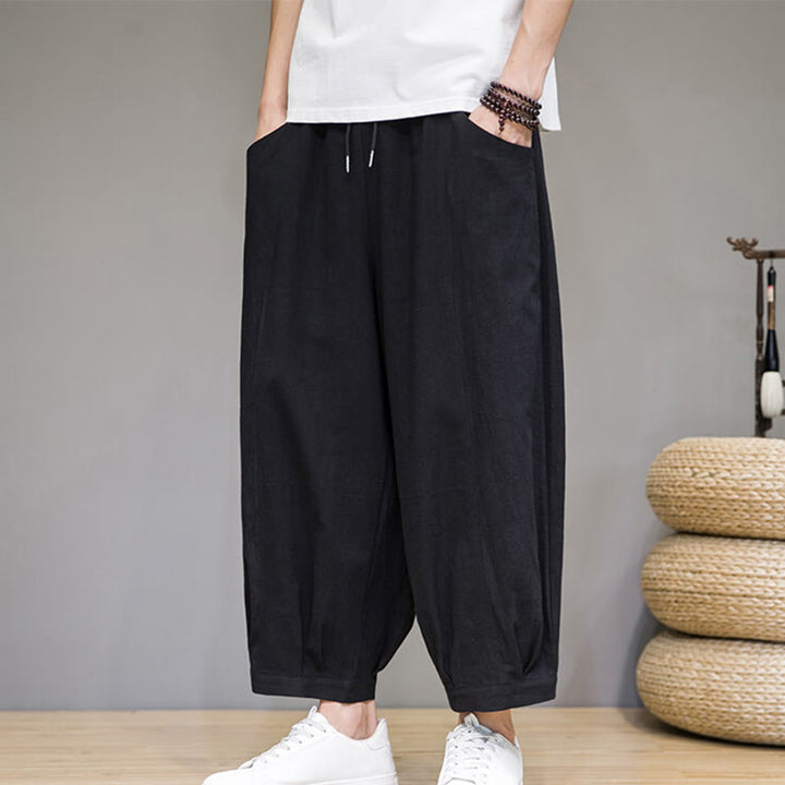 Buddha Stones Simple Cotton Herren Capri-Haremshose mit Taschen