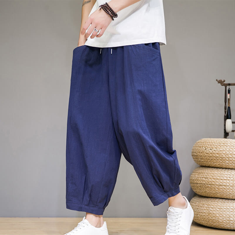 Buddha Stones Simple Cotton Herren Capri-Haremshose mit Taschen
