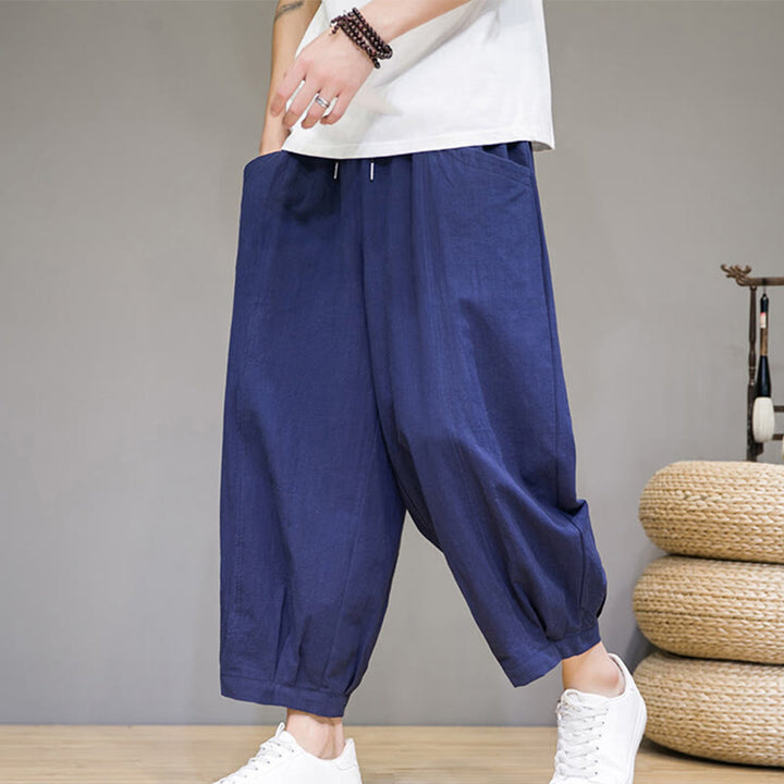 Buddha Stones Simple Cotton Herren Capri-Haremshose mit Taschen