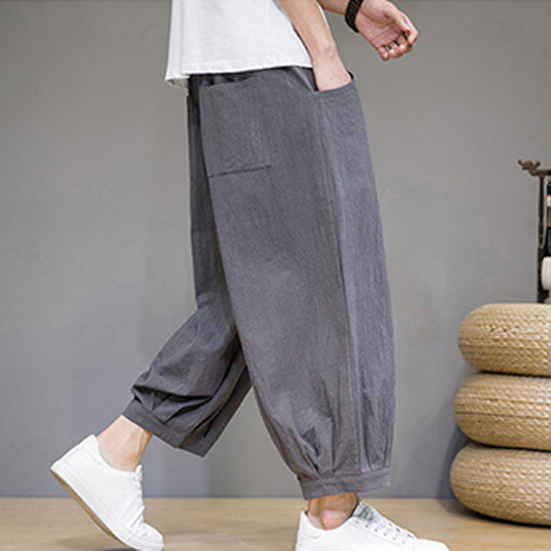 Buddha Stones Simple Cotton Herren Capri-Haremshose mit Taschen