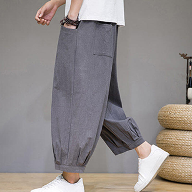 Buddha Stones Simple Cotton Herren Capri-Haremshose mit Taschen