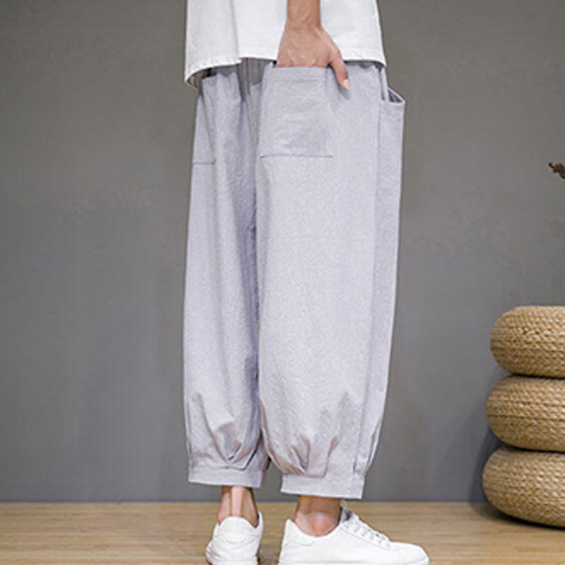 Buddha Stones Simple Cotton Herren Capri-Haremshose mit Taschen