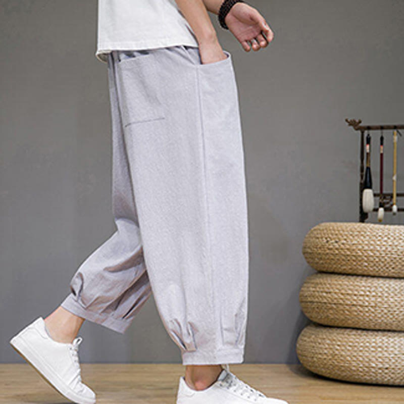 Buddha Stones Simple Cotton Herren Capri-Haremshose mit Taschen