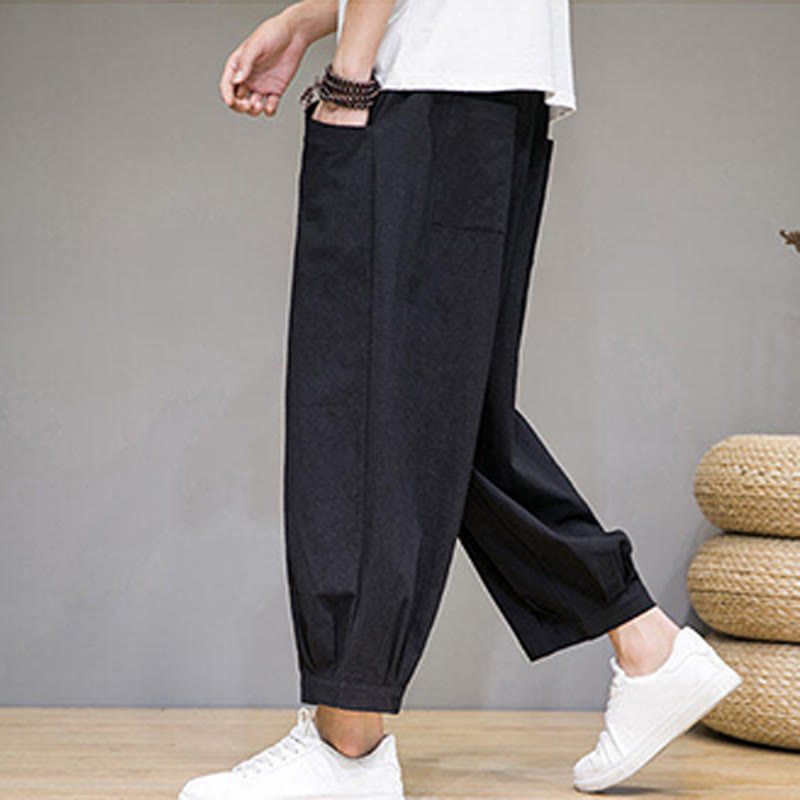 Buddha Stones Simple Cotton Herren Capri-Haremshose mit Taschen