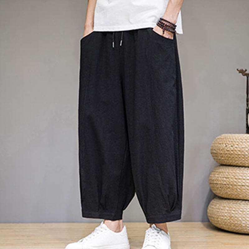 Buddha Stones Simple Cotton Herren Capri-Haremshose mit Taschen