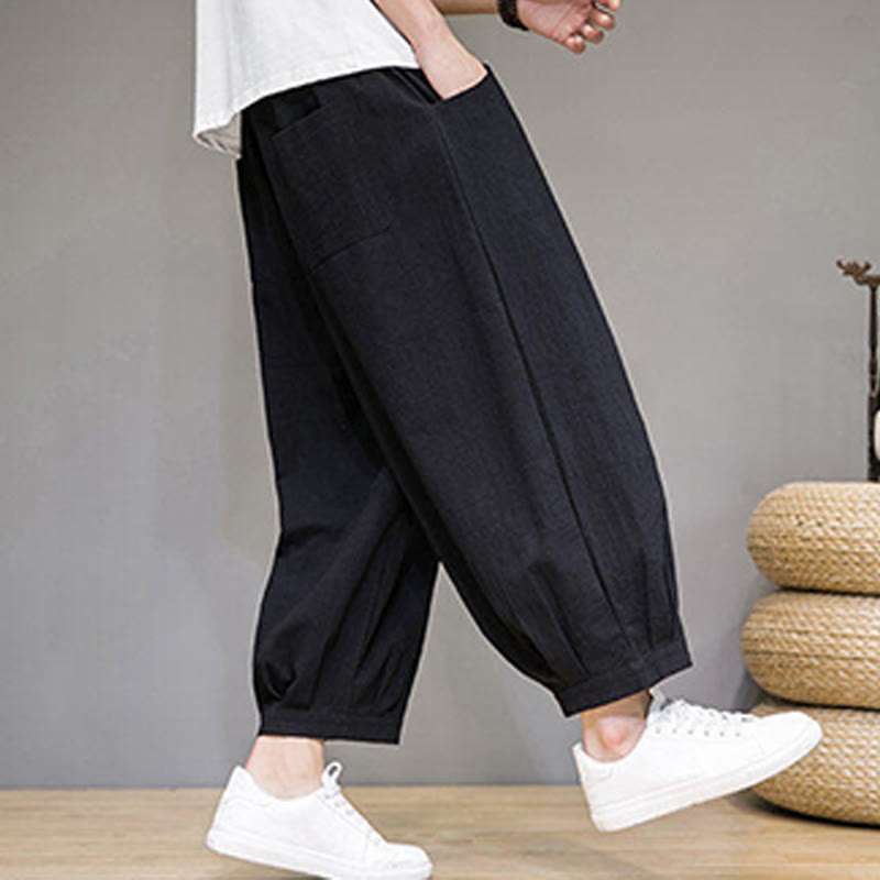 Buddha Stones Simple Cotton Herren Capri-Haremshose mit Taschen