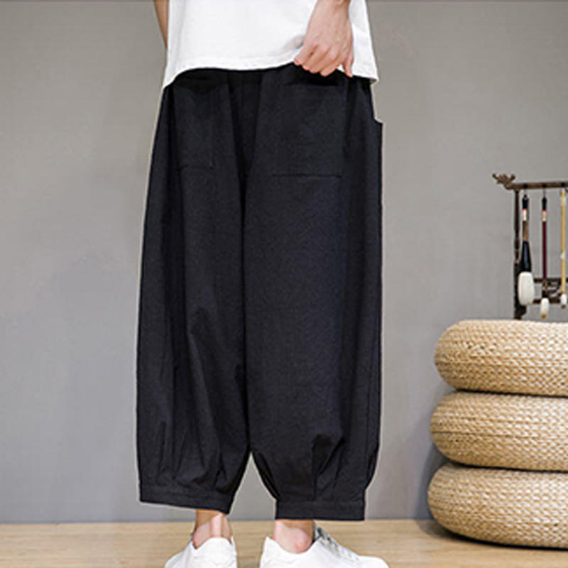 Buddha Stones Simple Cotton Herren Capri-Haremshose mit Taschen