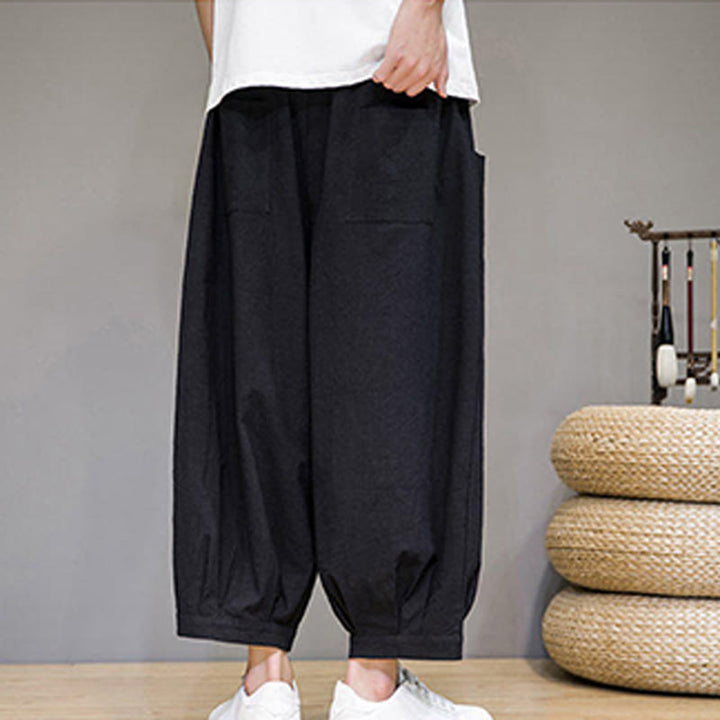 Buddha Stones Simple Cotton Herren Capri-Haremshose mit Taschen