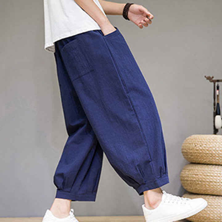Buddha Stones Simple Cotton Herren Capri-Haremshose mit Taschen