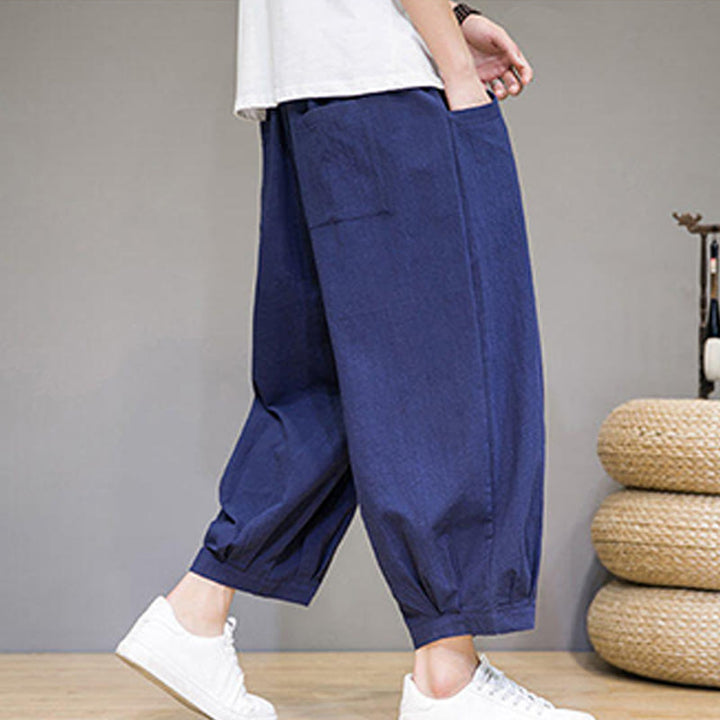 Buddha Stones Simple Cotton Herren Capri-Haremshose mit Taschen