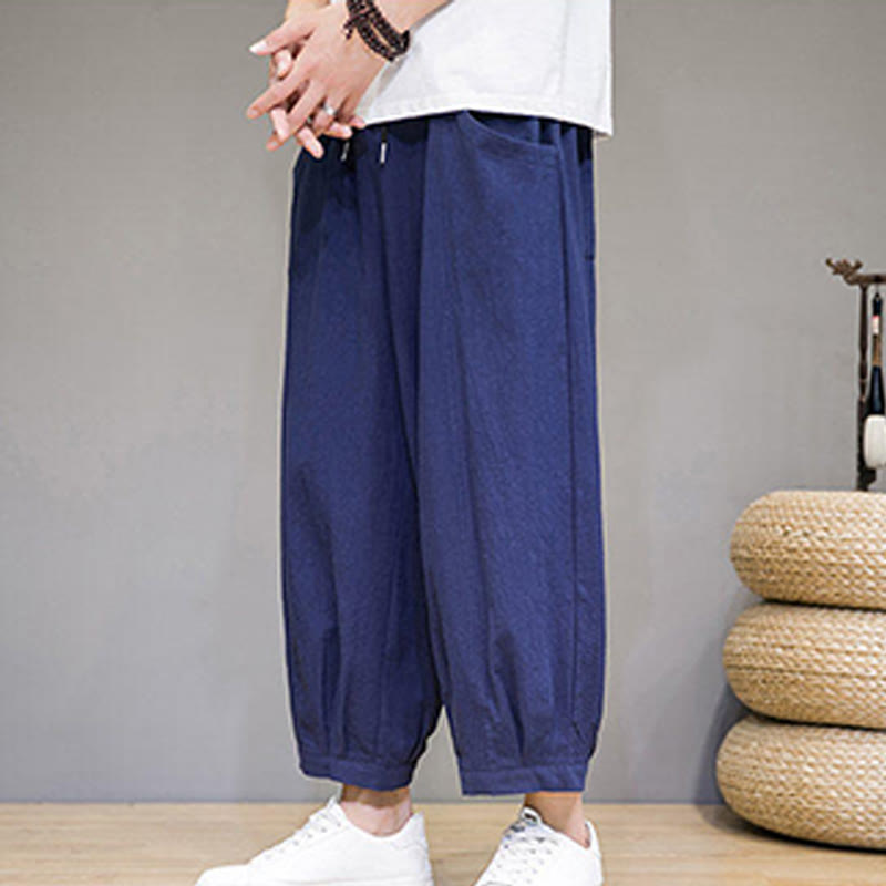 Buddha Stones Simple Cotton Herren Capri-Haremshose mit Taschen