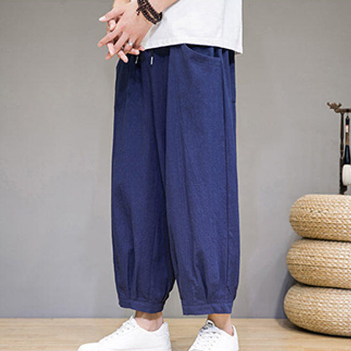 Buddha Stones Simple Cotton Herren Capri-Haremshose mit Taschen