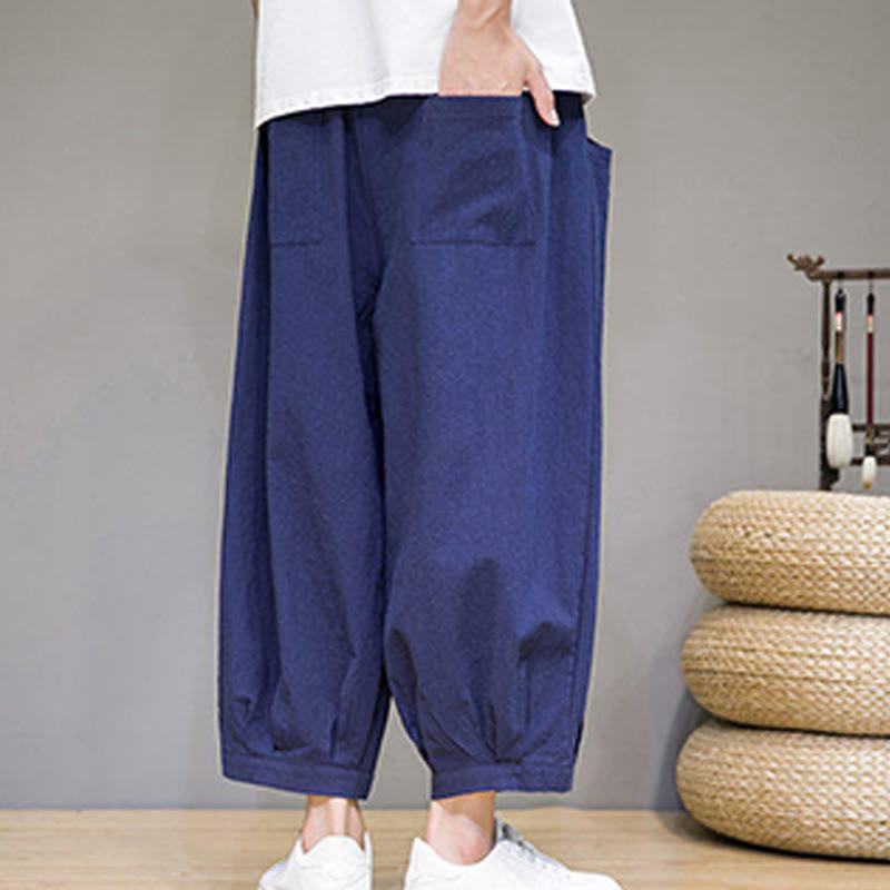 Buddha Stones Simple Cotton Herren Capri-Haremshose mit Taschen