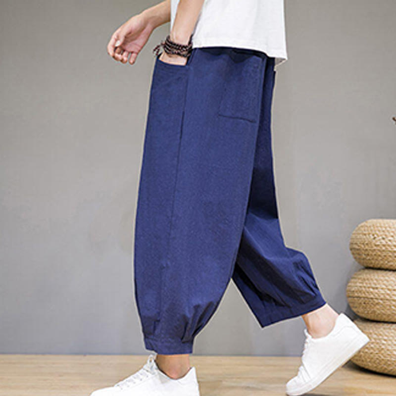 Buddha Stones Simple Cotton Herren Capri-Haremshose mit Taschen