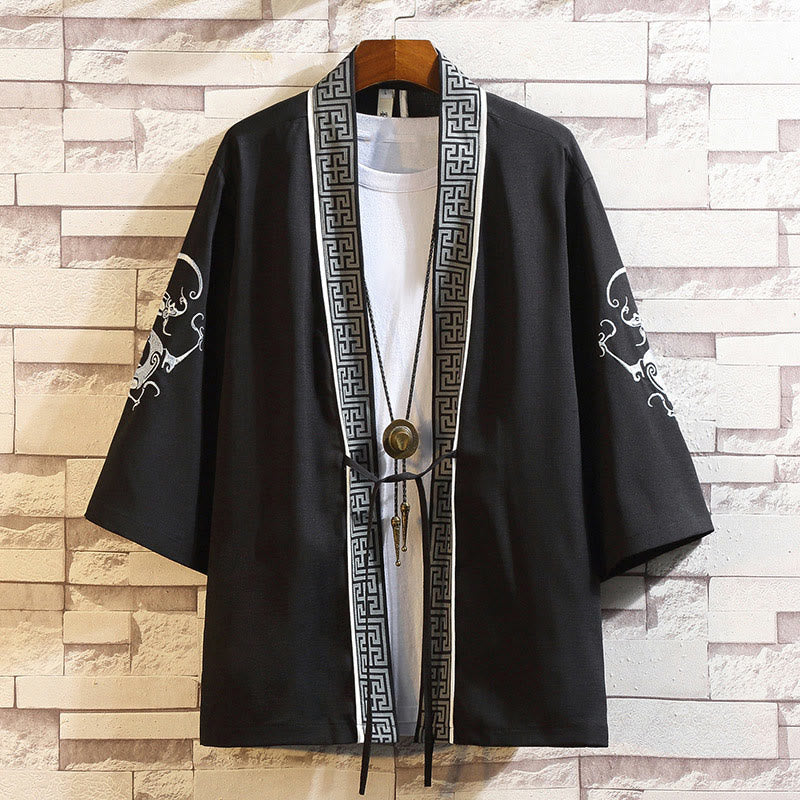 Buddha Stones -Stickerei, Drache, Phönix, Glücksbringer, Wolken, Wellen, Blätter, Kraniche, offene Vorderseite, Jacke, Herren-Kimono - Weiße Drachenstreifen-Schwarz - US/UK/AU46, EU56 (5XL) - image 0