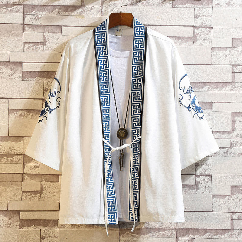 Buddha Stones -Stickerei, Drache, Phönix, Glücksbringer, Wolken, Wellen, Blätter, Kraniche, offene Vorderseite, Jacke, Herren-Kimono - Weiße Drachenstreifen - US/UK/AU46, EU56 (5XL) - image 3