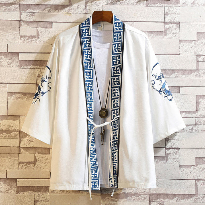 Buddha Stones -Stickerei, Drache, Phönix, Glücksbringer, Wolken, Wellen, Blätter, Kraniche, offene Vorderseite, Jacke, Herren-Kimono - Weiße Drachenstreifen - US/UK/AU46, EU56 (5XL) - image 3