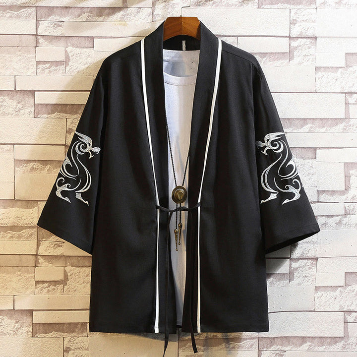 Buddha Stones -Stickerei, Drache, Phönix, Glücksbringer, Wolken, Wellen, Blätter, Kraniche, offene Vorderseite, Jacke, Herren-Kimono - Weißer Drache-Schwarz - US/UK/AU46, EU56 (5XL) - image 6